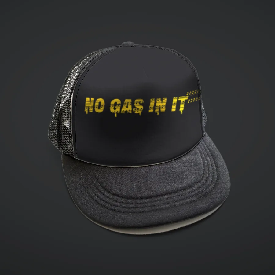 Black foam trucker hat with the No Gas In It logo on the front