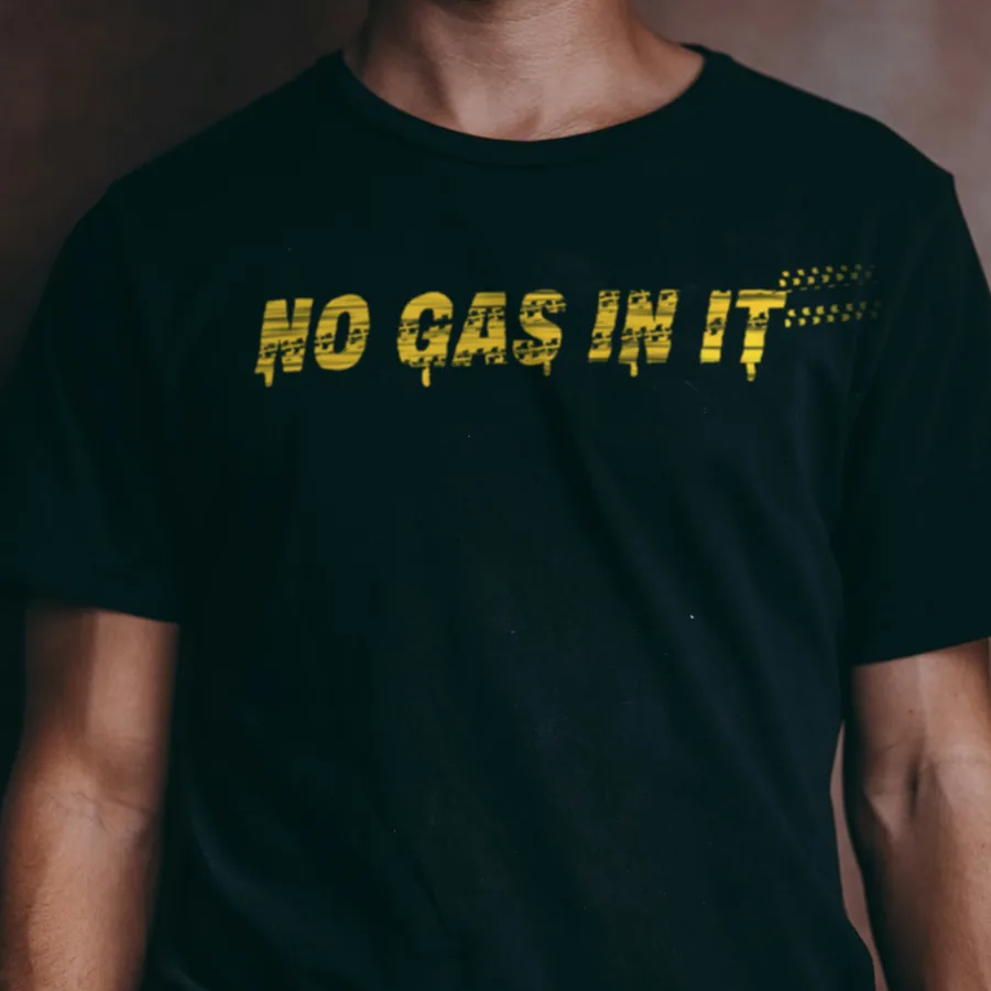 Black t-shirt with the yellow No Gas In It logo printed across the chest